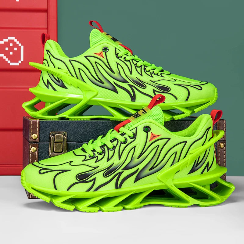 Men's Flame Pattern Blade Sole Sneakers Breathable Mesh Running Shoes Casual Trendy Male Trainers Comfortable Daily Footwear
