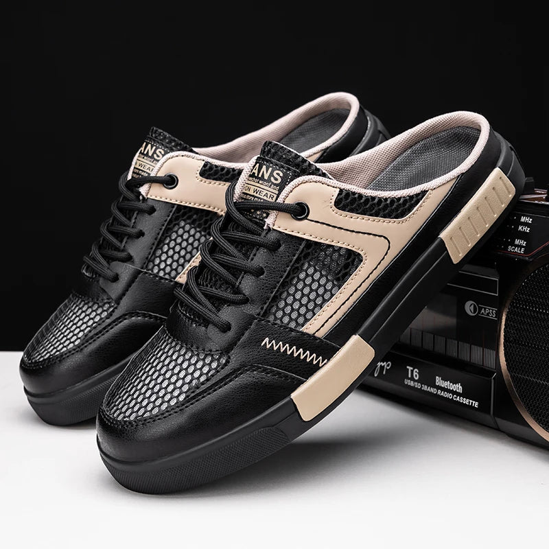 Men's Half Slippers 2025 New Mesh Hollow Platform Shoes 47 Anti Odor and Thick Soled Oversized Black One Foot Casual Lazy Shoes