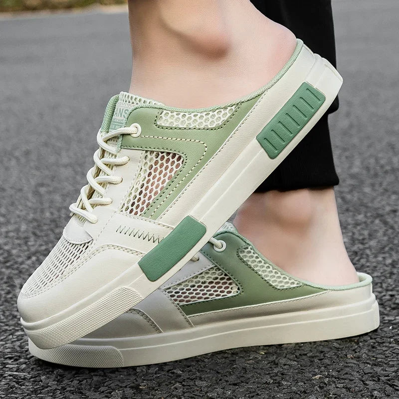 Men's Half Slippers 2025 New Mesh Hollow Platform Shoes 47 Anti Odor and Thick Soled Oversized Black One Foot Casual Lazy Shoes